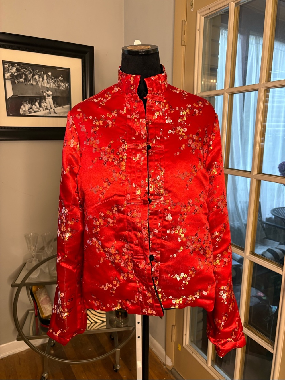 Red Floral Satin Mandarin Collar Jacket reversible to black velvet